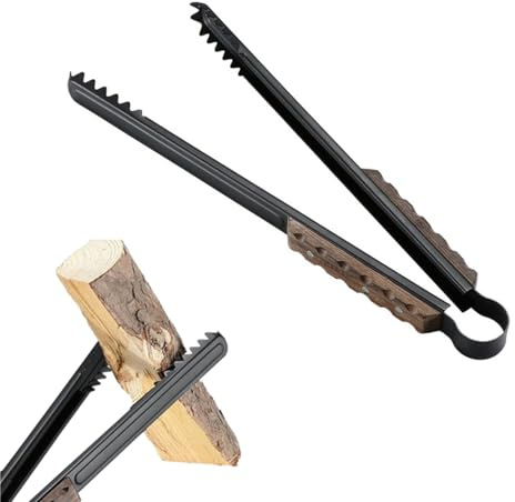 Pince à bois de cheminée de camping, avec pince dentelée en forme de ciseaux pour feu de camp, avec main en bois anti-brûlure, longueur 40,6 cm