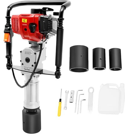 VonVVer Benzin Pfahlramme 52cc 2 Takt mit 55mm/70mm/100mm Rammköpfen, Zaunbau Pfostentreiber Hand-Zug-Start, Erdbohrer Einzylinder für Bauernhöfe, Ranchzäune, Straßenverbesserungen