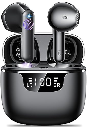 Ecouteurs Bluetooth sans Fil, kauguo Écouteurs sans Fil 5.4 avec 4 ENC Réduction Antibruit Mic HiFi Stéréo IPX6 Étanche 42H Durée Écran LED Oreillette Bluetooth Contrôle Tactile pour iOS Android, Noir