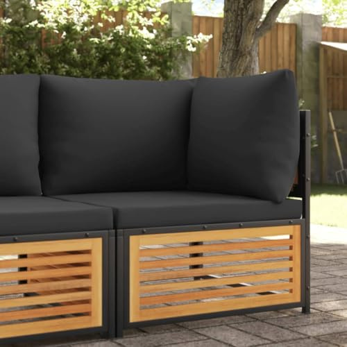 MinoLiving Garten-Ecksofa aus massivem Akazienholz mit Kissen, wetterfestes Lounge-Sofa, modulare Sitzgruppe für Terrasse Balkon Wintergarten, pulverbeschichteter Stahlrahmen