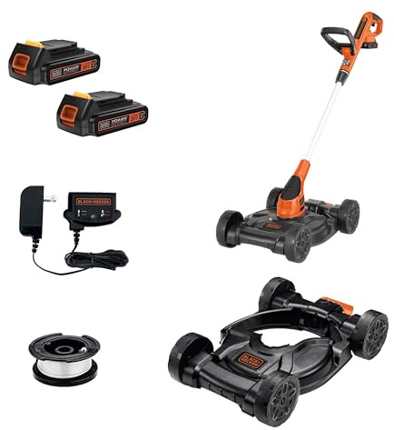 BLACK+DECKER Weed Eater, Lawn Edger and Cordless Lawn Mower 3 in 1 Combo, Includes (2) Batteries, Charger, 12 Inch Battery Powered String Trimmer and Lawnmower, Adjustable Length and Height (MTC220)