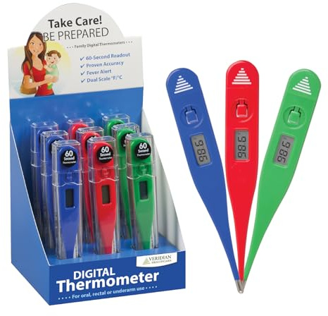 Veridian Healthcare Digital Thermometer | 60-Second Readout | 9-Piece Display | Clinical Rigid Tip | Hygienic Water-Resistant Easy Cleaning | Storage Case + Instructions Included