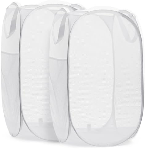 Handy Laundry Collapsible Mesh Pop Up Laundry Hamper 2-Pack, Wide Opening, Side Pocket, Space-Saving Foldable Basket for Clothes, Travel, Dorm, Kids Room, Breathable & Durable (White)
