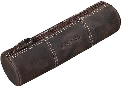 STILORD Cato läder pennfodral vintage pennväska pennetui rund pennfack läderetui för damer herrar pennfack stiftroll stiftemapp rund av äkta läder Farbe:Mörkbrun