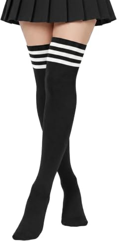 Durio Overknees Strümpfe Damen Thigh Highs Extra Lange Kniestrümpfe, 38-42 Gestreifte Stiefelsocken Mädchen aus Baumwolle für Halloween Karneval Fasching Alltag, Weiß Rot Schwarz
