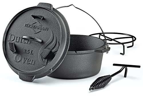 Küchenprofi Cocotte en fonte pour barbecue, 3,5 l, diamètre 24 cm, sans pieds, prête à l'emploi, avec couvercle pour grill, foyer, tous feux (y compris induction) et four