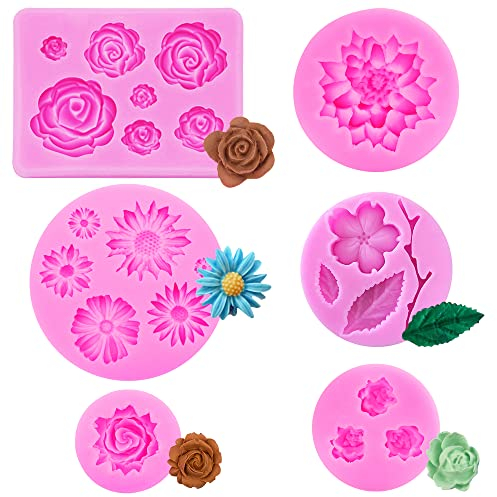 SNAGAROG 6 Stück Fondant Silikonformen Blume 3D Backform Silikon Rosenform 3D Fondant Formen Rose Modellierform kuchenform Kerzen Gießformen Silikonformen für Schokolade, Gelee, Kerzen, Seife