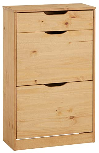 IDIMEX Schuhkipper Basil, schöner Schuhschrank aus Kiefer gebeizt/gewachst, praktische Schuhkommode mit 1 Schublade und 2 Kipper, Zeitlose Schuhablage im Landhausstil
