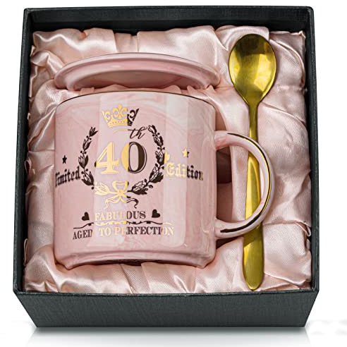 40:e födelsedagspresenter för kvinnor, rosa födelsedagspresenter till henne, åldrad till perfektion, 350 ml 40:e födelsedagsmugg tryckt med guld, keramisk kaffekopp för att avstäma 40:e kvinnovän, fru, syster, dotter, låda