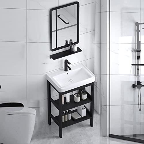 Waschbecken Waschtisch aus Keramik mit Wandspiegel,Spülbecken Waschschale Freistehend Waschplatz Keramikwaschbecken Handwaschbecken Becken Kitchen Sink Spültisch Standwaschbecken Küchenspüle