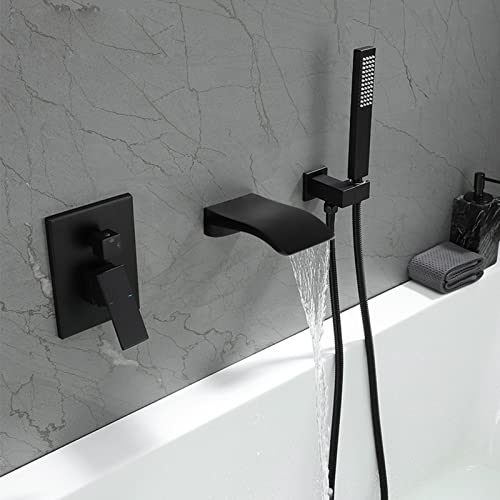XJTNLB Badewannenarmatur Schwarz Wasserfall mit Brause Einzelgriff Mischbatterie Badewanne Unterputz Armatur Badewanne Dusche,Schwarz