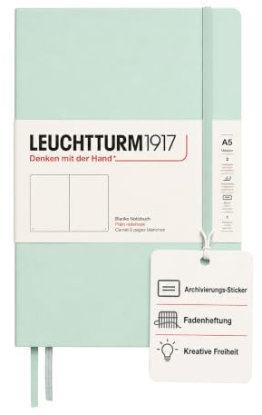 LEUCHTTURM1917 367258 Notizbuch Medium (A5), Hardcover, 251 nummerierte Seiten, Mint Green, blanko | 251 nummerierte Seiten, Fadenheftung, 2 Lesebändchen, Inhaltsverzeichnis, säurefrei
