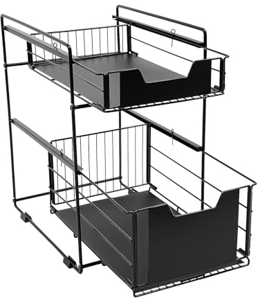 SanBouSi 2 Etagen Küchenschrank Organizer Ausziehbare Schubladen, Küchen Organizer Metall Unter Waschbecken Regal Spülschrank organizer für Küche, Bad, Schwarz