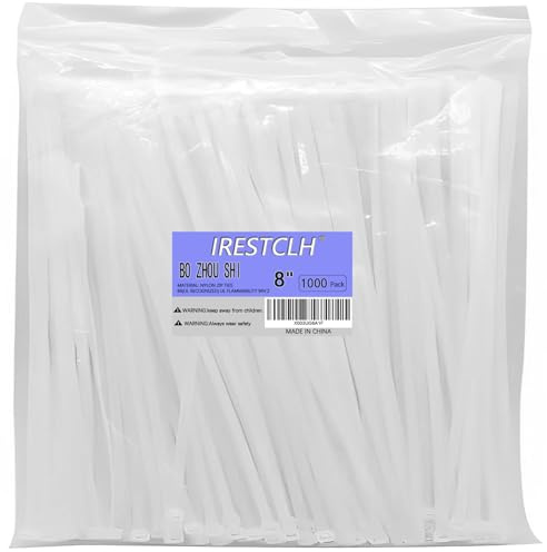 White Zip Ties 8 Inch (1000 pack) Heavy Duty Self Locking clear Zipties Bulk Tensile Strength 40 Pound Clear Industrial 8 Cable Ties Wraps for Home Office Garden Fence Garage indoor outdoor