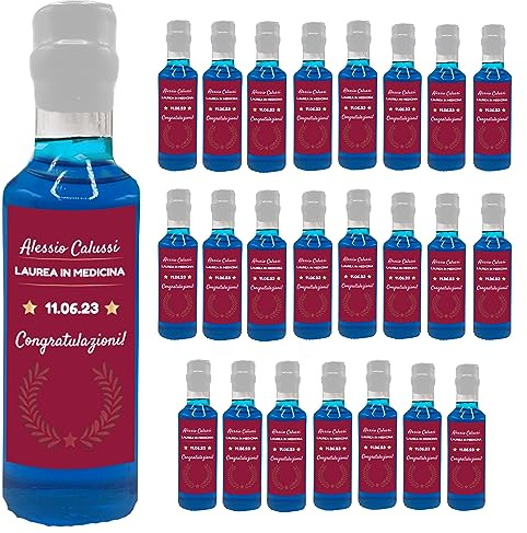 24 Bottiglie mignon di Blue Dry Gin Personalizzato - Idea esclusiva e originale per bomboniere di laurea (Cornice bordeaux)