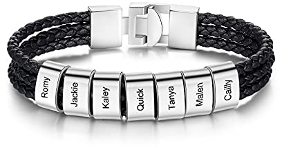 Glooraca Bracciali personalizzati con nome maschile Bracciale in pelle a treccia con nomi incisi Bracciale con nome personalizzato per i regali del padre e del marito (Silver, 2 Names)