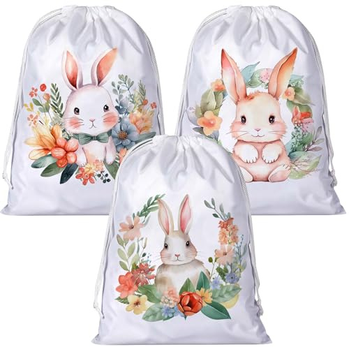 Hestya 3 Stück Ostertaschen mit Kordelzug 40 x 30 cm Große Happy Easter Geschenktüten Wasserdichte Kaninchen Hase Geschenkbeutel Eiersuche Party Mitgebsel Beutel für Frühling (Weiß, Klassisch)