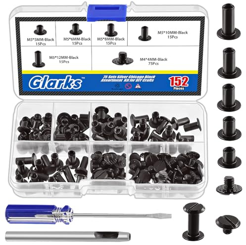 Glarks Lot de 150 vis Chicago noires assorties, M5 x 5 mm, 6 mm, 8 mm, 10 mm, 12 mm et vis à tête plate 4 x 4 mm, rivets à clous Chicago