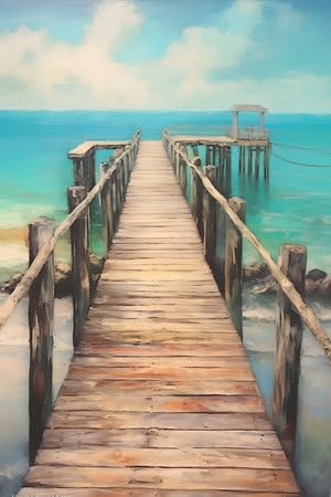 Acryl-Bild 40 x 60 cm: Holzsteg am Meer. Aquarellmalerei auf Leinwand. (212237785)