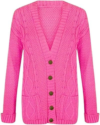 OutfitsbySMILE Women's Ladies Long Sleeve Button Top Chunky Aran Cable Knitted Grandad Cardigan Fuchsia UK Size 16/18