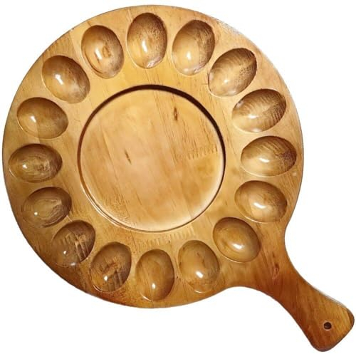 Muteitt Bandeja De Huevos Rellenos, Bandeja Redonda De Madera para Servir con Asa, Contenedor De Bandeja para Servir De 16 Agujeros, Plato De Huevo De Tabla De Charcutería Reversible