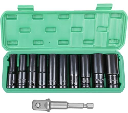 FIFIBANG 11pcs Langnuss Set 1/2'', Schlagschrauber Satz mit Kunststoffkoffer, Langnüsse Satz 10,12,13,14,15,16,17,19,22,24mm, 1/2 Zoll Nuss Satz, Lange Nussensatz 1/2''