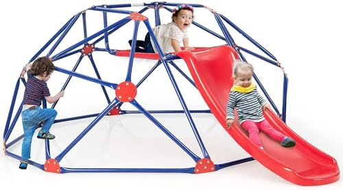Climbing Dome with Slide, Kids Outdoor Jungle Gym Geometric Dome Climber, Steel Frame, 8FT Climb Structure Backyard Playground Center Equipment for Toddlers (Red + Blue)