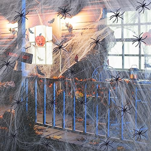 Ragnatele di Halloween, 400g Spider Web +75 Nero Finti Ragni, Stretch Ragnatele Estensibili Bianca, Ragnatela Halloween Decorazione per Feste di Halloween Ragnatela