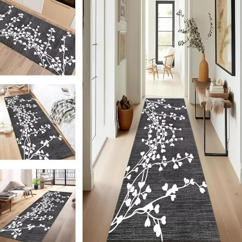 Teppich Läufer Flur Diele Küche rutschfest Waschbar Dauerhaft 70X400CM Schwarz Grau Weiß Abstrakt Teppichläufer für Wohnzimmer Korridor Schlafzimmer Büro Esszimmer Flurläufer Anpassbar Meterware