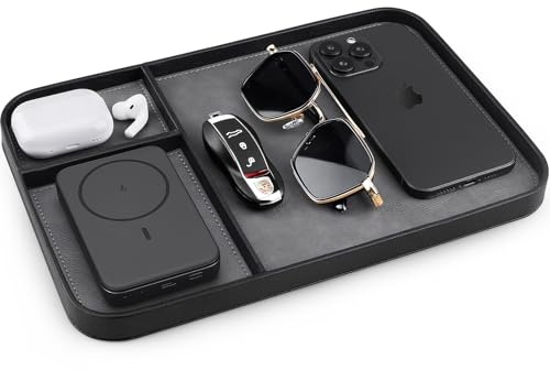 SENEN Leather Tray, Stylish and Organized Multifunctional Tray, for Table Entryway, Premium PU Leather, Catchall Tray for Keys, Watch, Wallet, Jewelry, and More (Black Frame)