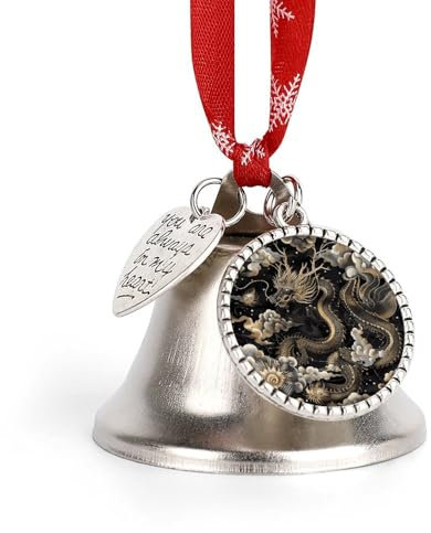 Weihnachtsglocke, Weihnachtsbaumschmuck mit Herzanhänger, schwarzer chinesischer Drachenprint, Glöckchen, hängende Ornament für Weihnachtsfeiertagsdekoration
