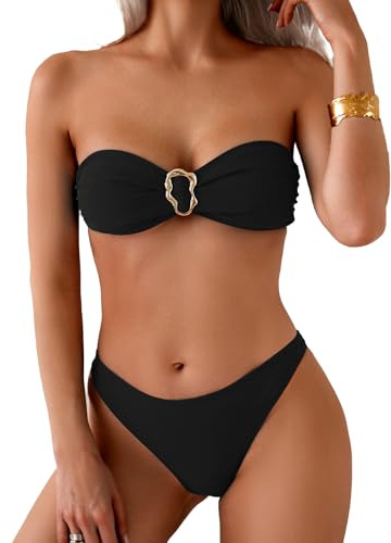 Fanuerg Women's Strapless Bandeau Bikini Sets Ring Tie Back Two Piece Swimsuit High Cut Cheeky Bathing Suits Black XS