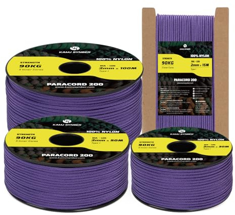 Kamu Synber 2mm Paracord 15m 100% Nylonrep 3 Trådar Typ I för Camping, Armband, Utomhus | Stöd 90kg | Lila