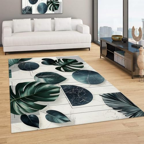 Alfombra grande lavable con formas geométricas de 240 x 300 cm, antideslizante, para sala de estar, dormitorio y comedor, alfombra gruesa y suave con diseño de hojas de Monstera
