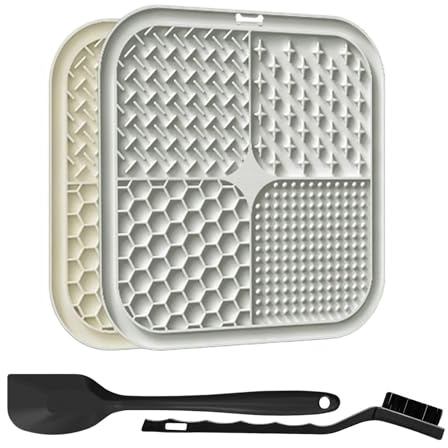 LIULINY Set med 2 slickmattor för hundar, silikonmatta med svart spatel och borste, infällningsinsats med sugkoppar, för bad och långsam matning (grå, beige)