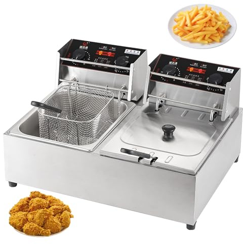 Friggitrice elettrica da banco da 2500 W con cestello Rimovibile, Controllo della Temperatura, Timer da 60 Minuti, per ristoranti e Uso Domestico, Serbatoio Singolo (Doppio serbat