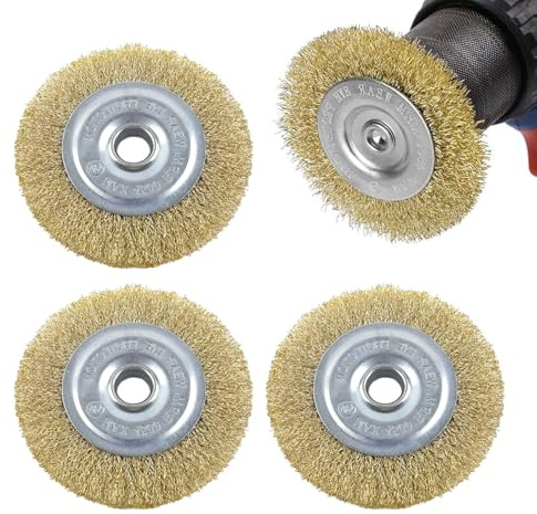 Luckwaii Wire Brushes Drills, 3Pcs Brass Coated Wire Brush Wheel 115mm Patio Cleaner Wire Brush Wheel Bench Brass Plated Crimped Steel for Cleaning, Rust Removal, Polishing, Deburring & Paint Removal