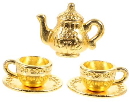 BAZEITFLOW Miniatura de Té Metálico Dorado Tetera y Tazas Pequeñas para Casa de Muñecas Accesorios Delicados para Decoración y Juego