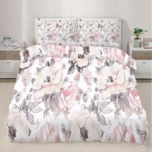 HYGIUID Flowers Quilt Cover Florals Bedding Set with 2 Shams Rustic Watercolor Painting Machine Washable, Corner Ties – Modern Bedroom Décor (Double 200x200cm)