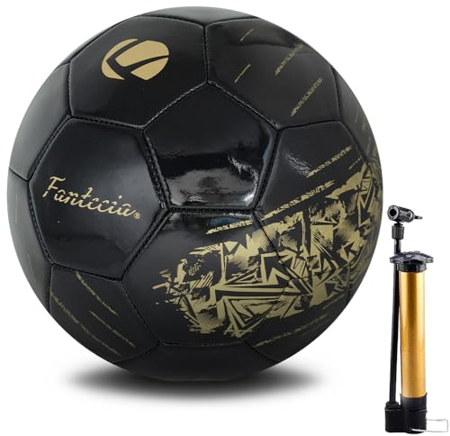 Fantecia Fußball Größe 5, PU-Leder Innen-/Außenfußball für Jugendliche und Erwachsene, Schwarzer Fußball mit Goldprägung