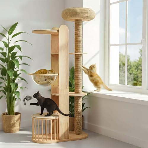 Arbre à Chat en Bois Hauteur 190cm pour Grand Chat Griffoir Géant avec 3 Plateformes de Jeu, Cabane Tissée Confortable et Cabine Spatiale Transparente, Style Moderne