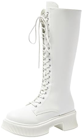 Generisch Botas altas de invierno para mujer, botas largas, planas, antideslizantes, con cordones, botas de equitación, de piel sintética, con puntera redonda, botas occidentales, medias botas, Blanco