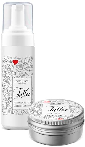 PostQuam - Pack para Cuidado de Tattoos Antes, Durante y Después del Tatuaje: Limpiador Jabonoso 150 ml + Bálsamo Protector para Piel Tatuada - Fórmula Vegana con Aceite de Semillas de Cáñamo