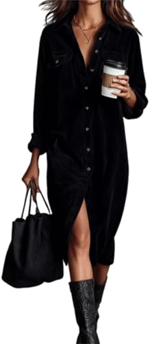 Robe chemise midi boutonnée en velours côtelé pour femme, robe midi longue décontractée à revers en forme de trapèze avec poches, Noir , M