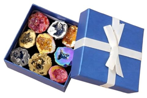 XGINERFEX Agate Geode Set Electroplated Colorful Treasure Basin, Raw Crystal Cave for Home Office Decor & Collection Gemstone Stone