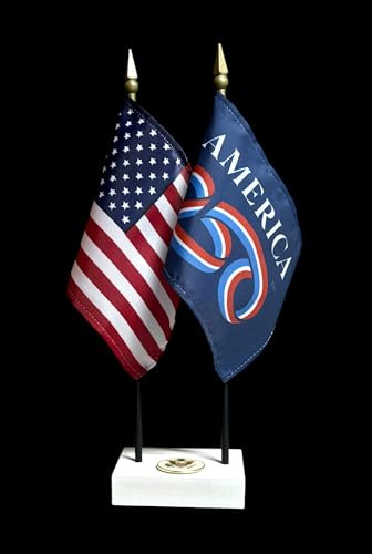 America 250th & U.S. Flag Desk Set – American Made Rayon 4x6 Flags with 2‑Hole White ArcticSno Base Featuring USA Great Seal | Includes 1 America 250 Flag and 1 American Flag