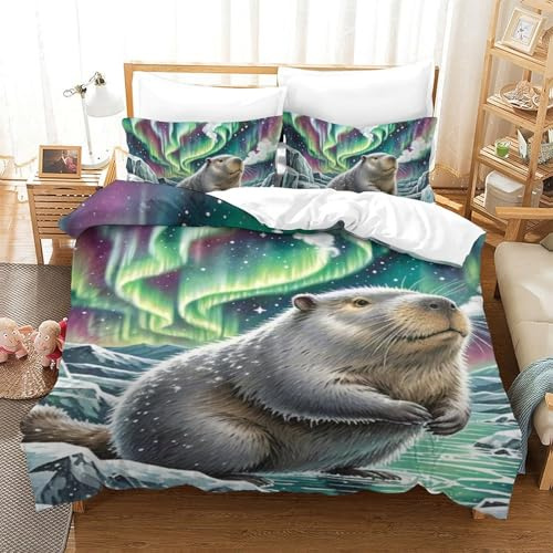 3D Impreso Castor 3 Piezas Juego De Ropa De Cama 2 Fundas De Almohada Novedad con Cremallera Transpirable para Niños Single（140x200cm）