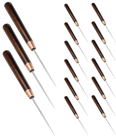 AKOOSY 15pezzi Perforatrice con Manico in Legno Kit Attrezzi per Punteggiatura Cucito Strumento per Lavorazione Legno Artigianato Punteruolo Manuale per Piccoli Attrezzo per Foratura