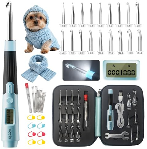 Votris 18-in-1-Häkelnadeln, beleuchtetes Häkelnadel-Set mit digitalem Stichzähler, 2,0 mm - 14,0 mm, wiederaufladbare und austauschbare Köpfe, beleuchtetes Häkelnadel-Set, ergonomische Griffe für