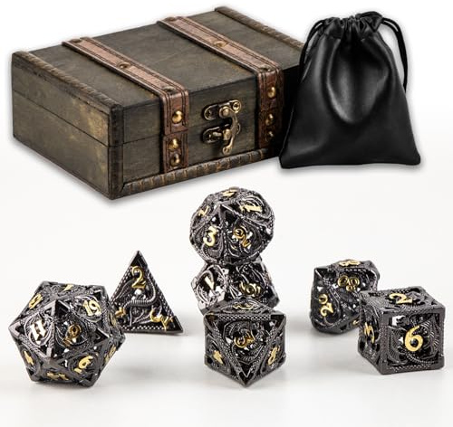 7 delar hollow Metal DND Dice Set i vintage trälåda & väska – premium Hollow polyhedral Dice för dungeons och dragon, RPG bordsspel, samlarens gåva (svart)